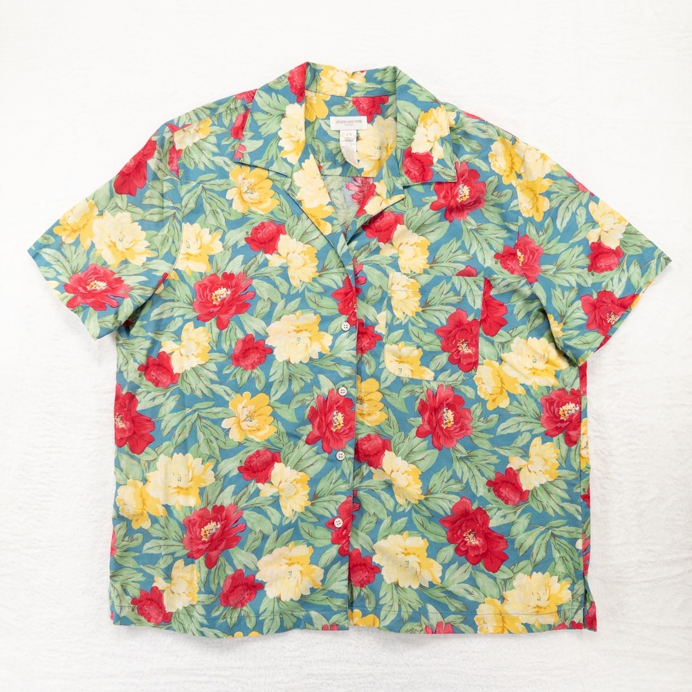 Jones New York Womens Shirt 2X Blue Floral Rayon Short Sleeve Button Up Vintage